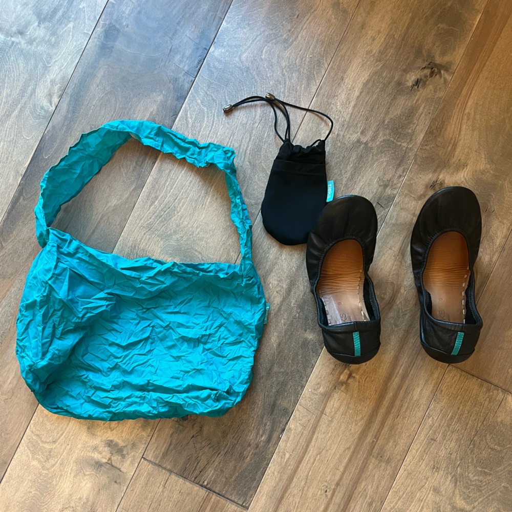 Tieks Black Leather Ballet Flats with Teal Heel Tabs - Picture 3 of 7